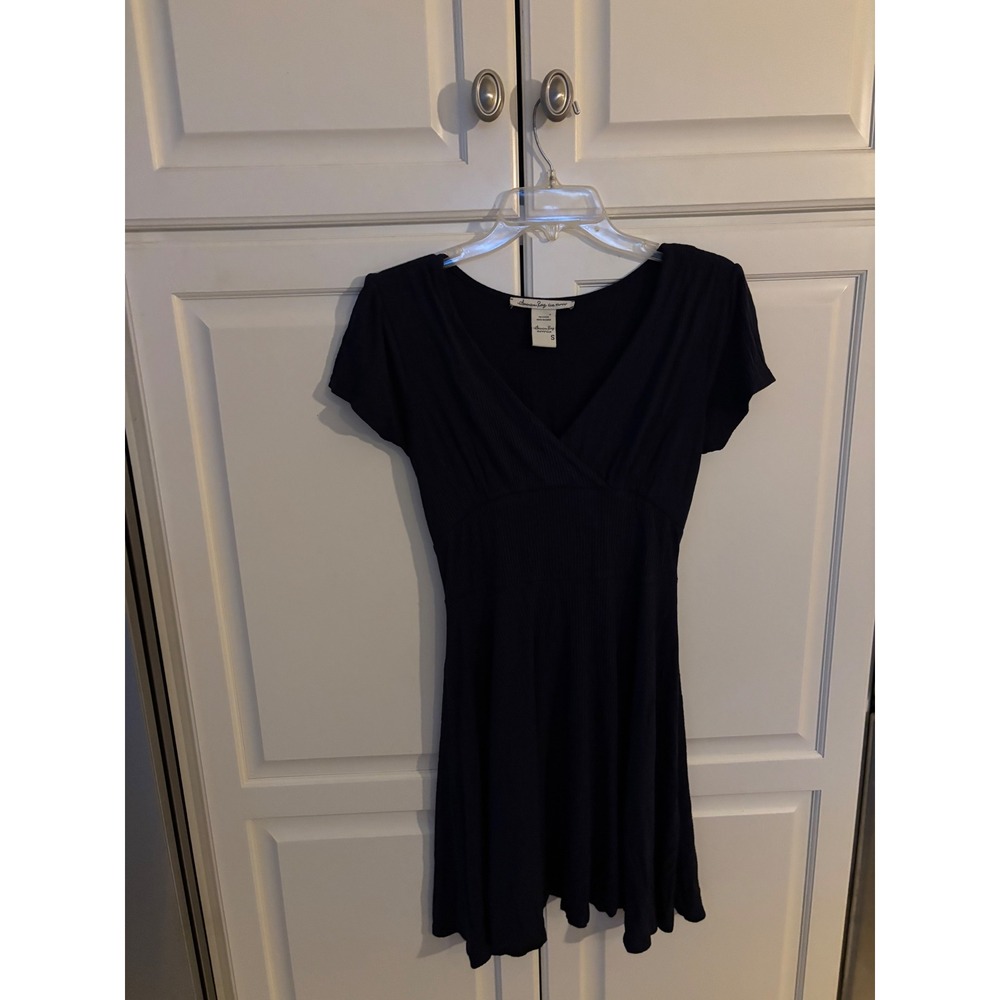 American Rag Cie Navy Blue Ribbed Skater Dress Cutout Back Surplice V-Neck Small